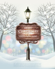 Merry Christmas Party Flyer background with winter landscape and lamppost. Vector