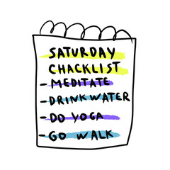 Saturday checklist: meditate, drink water, do yoga, go walk. Illustration on white background.