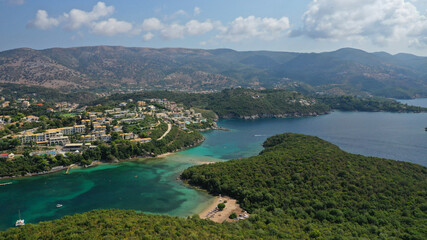 Aerial drone photo of paradise bay and complex islands of Sivota a popular summer destination, Ionian, Greece