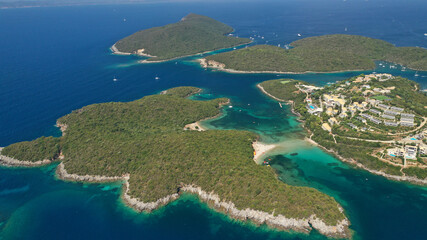 Fototapeta na wymiar Aerial drone photo of paradise bay and complex islands of Sivota a popular summer destination, Ionian, Greece