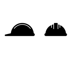 Construction helmet silhouette icons set. Front and side views. Black simple vector of professional head protection tool. Contour isolated pictogram on white background - 471315663