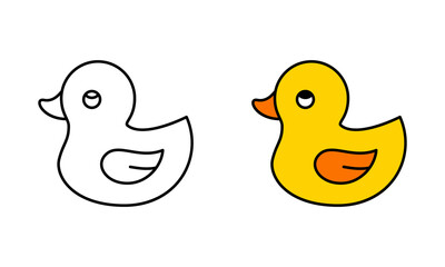Duck bath toy, linear and color icon. Outline simple vector of yellow rubber bird. Contour isolated pictogram on white background