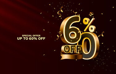 60 Off. Discount creative composition. 3d sale symbol with decorative objects, golden confetti, podium and gift box. Sale banner and poster. Vector