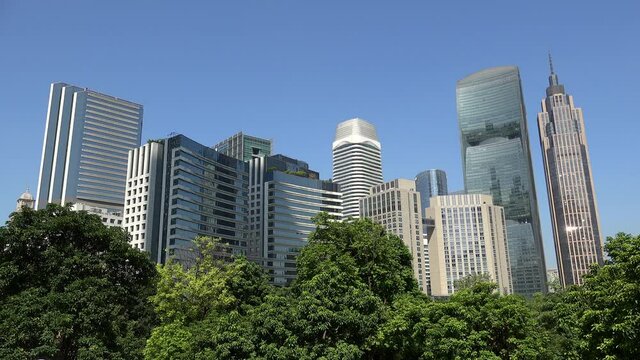 Skyscrapers  of the Zhujiang (Pearl River) New Town of the Guangzhou city. Guangdong, China