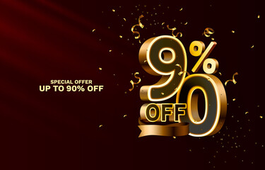 90 Off. Discount creative composition. 3d sale symbol with decorative objects, golden confetti, podium and gift box. Sale banner and poster. Vector