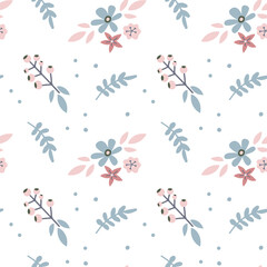 Holiday seamless pattern with hand drawn pastel flower, leaf, barry isolated on white background. Vector flat illustration. Design for textile, wrapping, wallpaper, digital paper