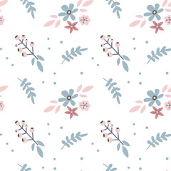 Holiday seamless pattern with hand drawn pastel flower, leaf, barry isolated on white background. Vector flat illustration. Design for textile, wrapping, wallpaper, digital paper