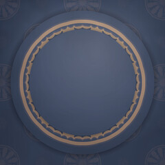 Greeting card in blue with Indian brown pattern is ready for printing.