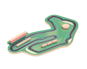 The vector illustration of an isometric racing track is isolated on a white background. There are grandstands, boxes, pit lane, and other elements.