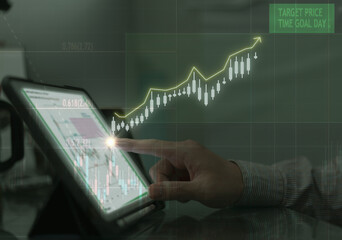 stock key buy investment  and analysis chart graph in tablet computer by finger touch screen and banking