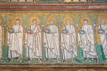 Ravenna, Italy - 01.11.2021 - The mosaic of the Saints in the Basilica of Sant Apollinare Nuovo in...