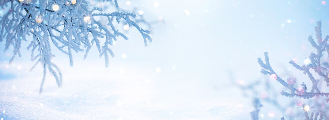 Fototapeta na wymiar Winter Landscape with Snowflakes and Bright Bokeh