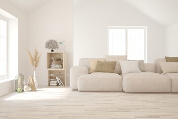 White living room with sofa. Scandinavian interior design. 3D illustration