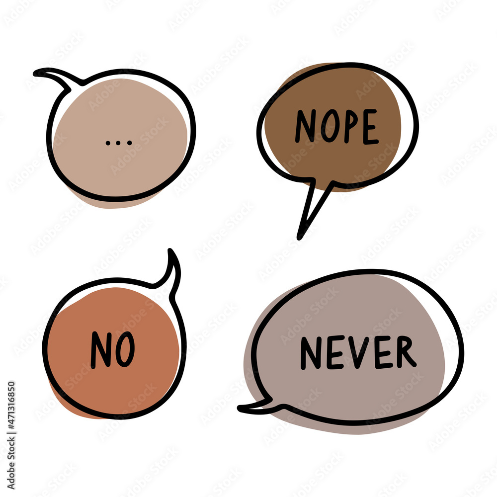 Aufkleber hand drawn doodle style linear speech bubble set with colored background and words no nope never. ve