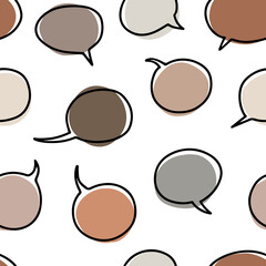 Hand drawn doodle style blank linear speech bubble set with colored background. Vector seamless pattern isolated on white.