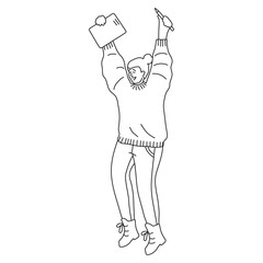 Happy white woman in casual sweater with notepad and pencil in her hands. Graduation, advanced training. Education and business. Contour illustration with character
