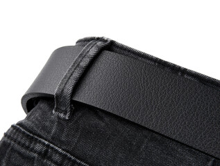 Fastened fashionable men's leather belt with dark matted metal buckle isolated on white background. Black belt for men. Black leather belt for trousers and jeans. Male accessory. 