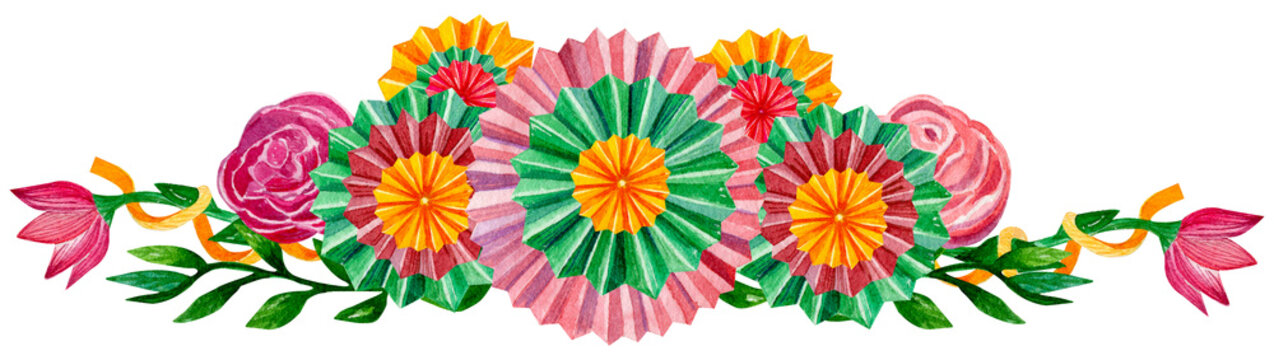 Large Watercolor Border Of Paper Fans And Flowers On A White Background. Cinco De Mayo