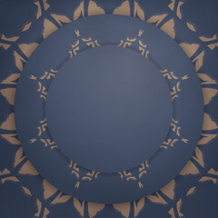 Greeting card template in blue with a luxurious brown pattern for your design.