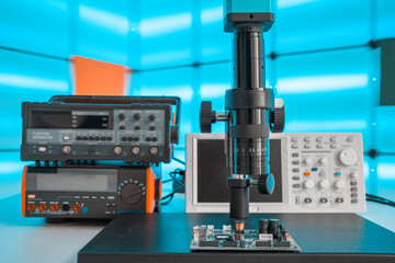 Measuring instruments in a modern physics research laboratory.