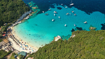 Plakat Aerial drone photo of paradise white rocky bay and beach in island of Antipaxos, Ionian, Greece