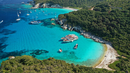 Aerial drone photo of paradise white rocky bay and beach in island of Antipaxos, Ionian, Greece