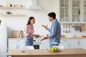 Angry excited caucasian millennial husband and wife quarreling, yelling at each other and gesturing in kitchen