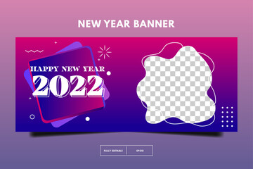 Horizontal banner. Social media promotion template, happy new year with modern memphis. happy new year sale 2022