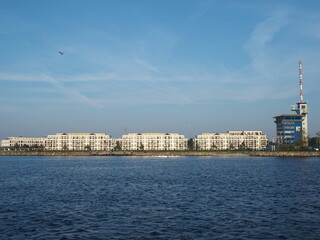 Naklejka premium Opposite old Warnemuende, Mecklenburg-Western Pomerania, Germany, on the other side of the Warnow river, is the residential area 
