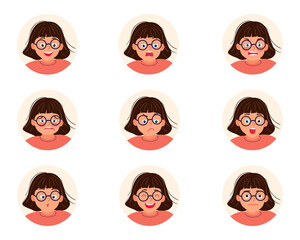 Set of cute brown-haired girls with different facial expressions. Girl emotions faces collection. Cartoon character design. Happy, sad, angry, surprised. Vector