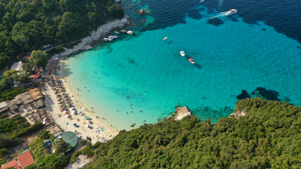 Plakat Aerial drone photo of paradise white rocky bay and beach in island of Antipaxos, Ionian, Greece