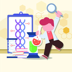 Little boy doing experiments in the laboratory is happy. Because the experiment is succeed. Science and education. science is fun. Vector colorful illustration flat.