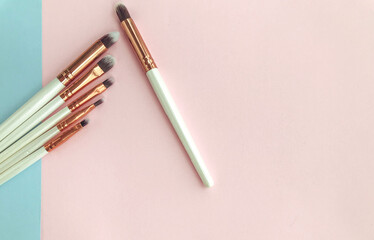 makeup brushes on a pink and blue background. a set of brushes for applying textures to the face. makeup for girls and guys. brushes for applying eyeliner, lipstick, gloss, eyeshadow