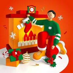 Merry Christmas - colorful 3D illustration with cartoon style characters