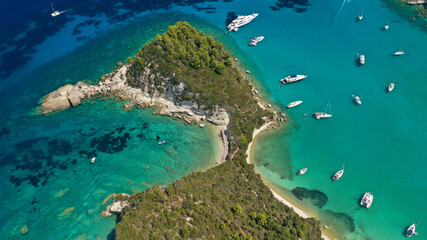 Aerial drone photo of beautiful paradise bay in tropical exotic island with turquoise crystal clear sea