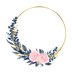 Watercolor gold frame with pink roses, blue and gold twigs and a golden geometric element.