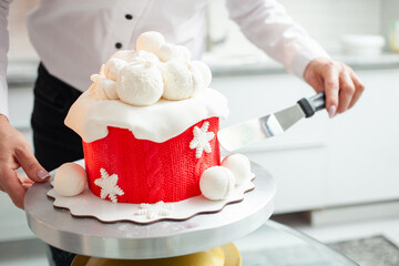 very beautiful winter cake for Christmas, New Year, holiday, birthday. Pastry chef decorates baking, home production, entrepreneur, private, indoor. Hobby. confectioner