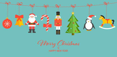 Christmas toys hanging on red rope isolated background or banner. Vector illustration