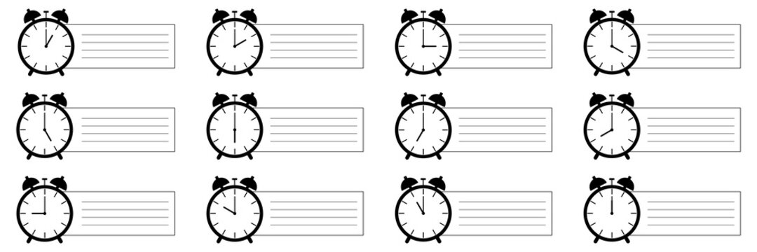 set of alarm clock icon notifying each hour with short note isolated on white,vector illustration