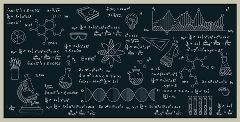 Fototapeta Chemistry science formulas with images of tools and experimental equipment on a blackboard. obraz
