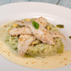 Baked sole fillet, risotto and pesto recipe