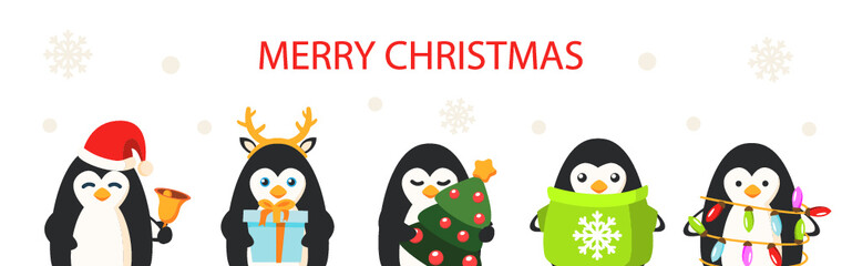 Merry Christmas banner with different funny penguins, vector illustration. 