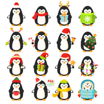 Different funny cartoon penguins collection, vector illustration. Set of characters with Christmas tree and garland, gift and sweet candy, in warm clothes