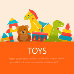 Fototapeta premium Background with children toys, vector concept in flat style