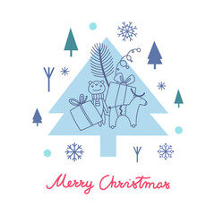 Christmas vector illustration. Christmas tree with toys and gifts on a background of snowflakes and small fir trees. Suitable for cards,  invitations, greetings and other