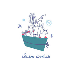 Christmas vector illustration. Christmas bag with toys and gifts on a background of snowflakes with the inscription "Warm wishes". Suitable for cards,  invitations, greetings and other
