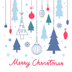Christmas vector illustration. Christmas trees, Christmas balls on a background of snowflakes with the inscription "Merry Christmas" . Suitable for cards,  invitations, greetings and other