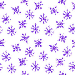 Vector seamless pattern with Velvet Violet snowflakes on white background.Simple,Christmas,minimalistic,festive doodle style print. Designs for  printing, web, invitations, textiles, wrapping paper.