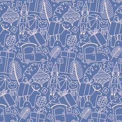 Christmas and winter vector seamless pattern. Christmas balls, gifts, toys, snowflakes on a blue background. Suitable for cards, Christmas cards, invitations, greetings, paper and others.  