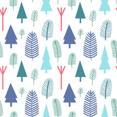 Christmas and winter vector seamless pattern. Winter trees and branches on a light background. Suitable for cards, Christmas cards, invitations, greetings, paper and others.  